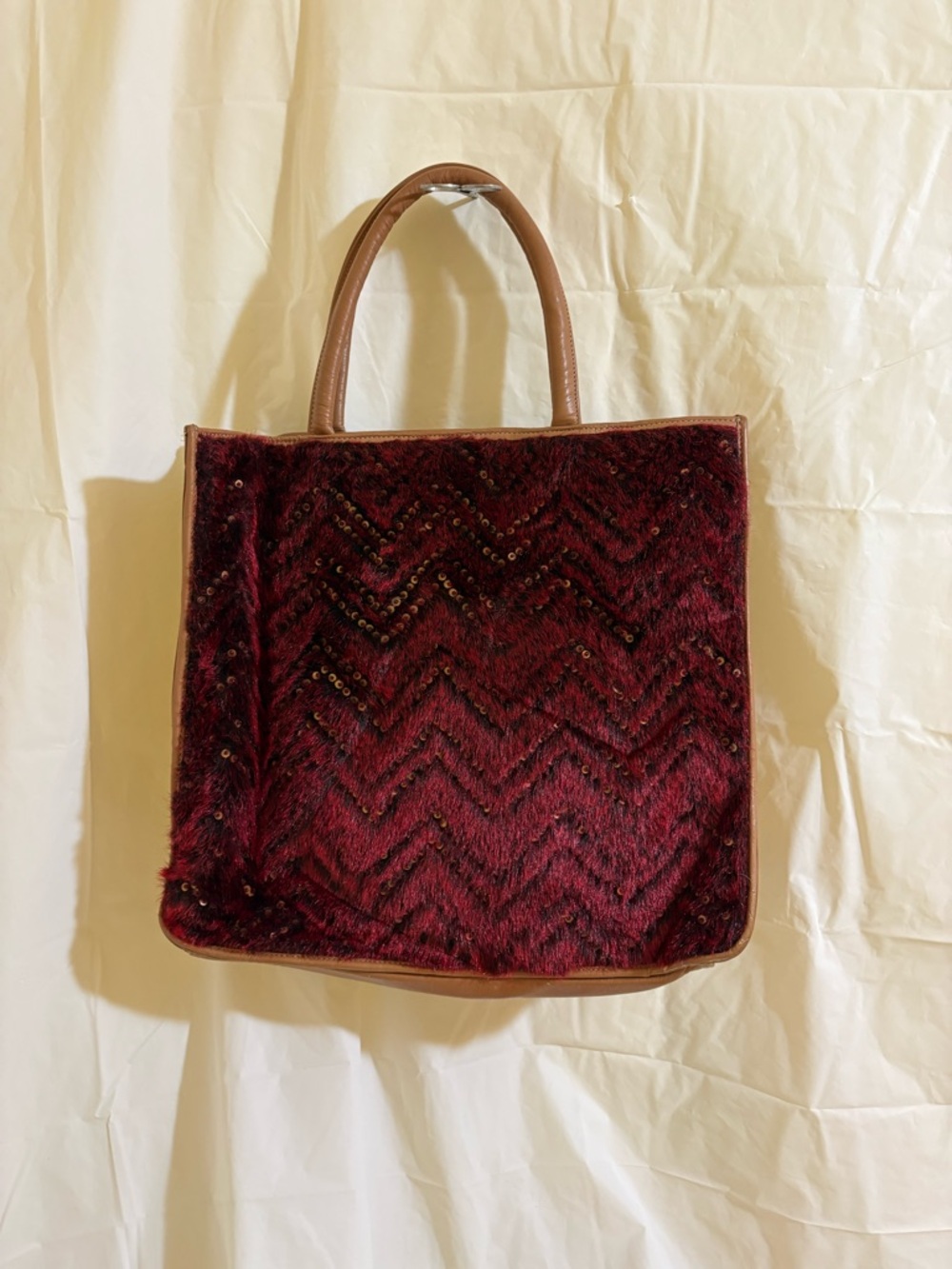 INCA Red Faux Fur Sequin Tote Bag Chevron Textured Statement Shoulder Purse